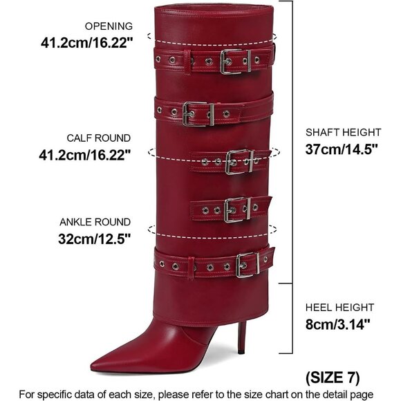 Women's Dark Red Fold Over Long Tall Leather Buckle Shark Knee High Zipper Boots - Picture 4 of 6